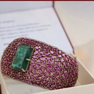 Luxurious Ruby & Emerald Gemstone Cuff Bracelet - Statement Bangle